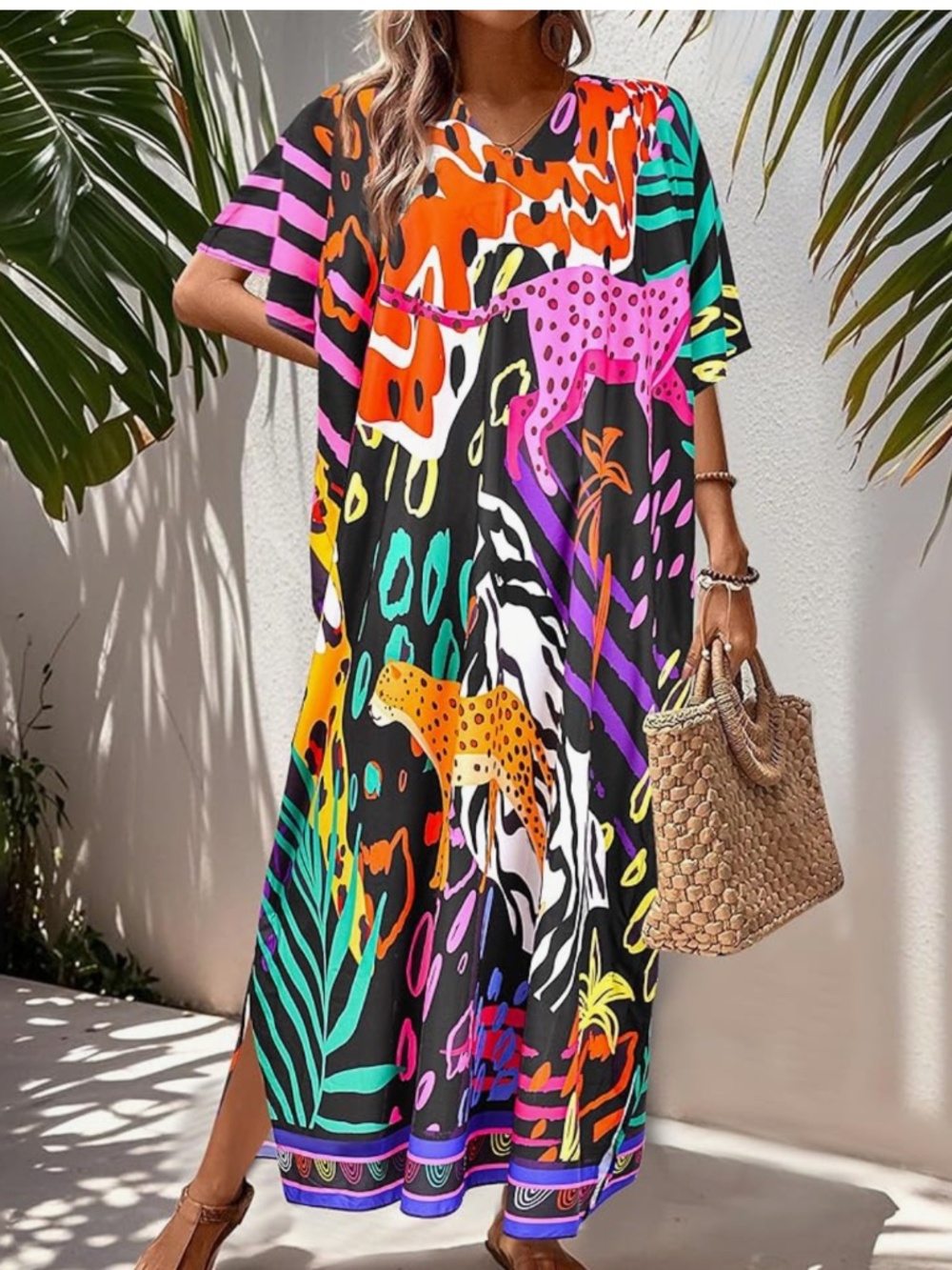 Vibrant Multicolor Animal Print Maxi Dress oversized boho fit